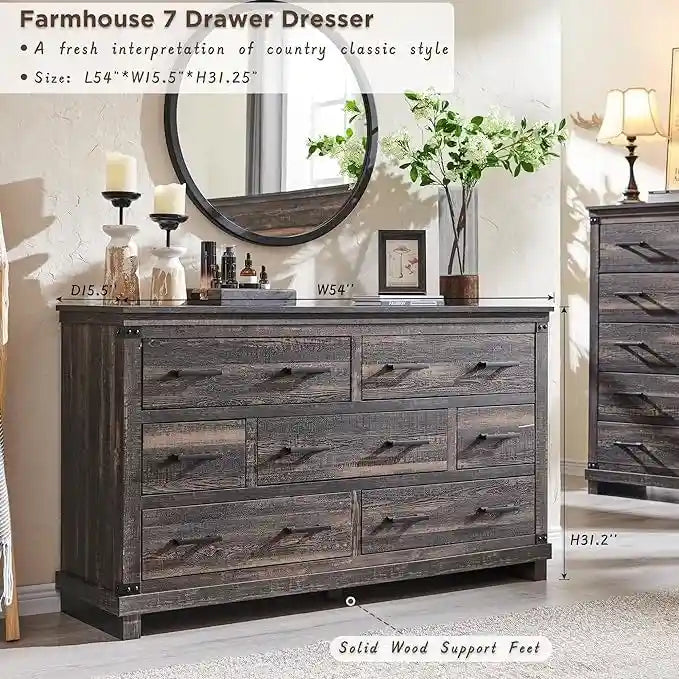 Kommode im Landhausstil mit 7 Schubladen, Holzschubladenschrank, Kleiderschrankkommode