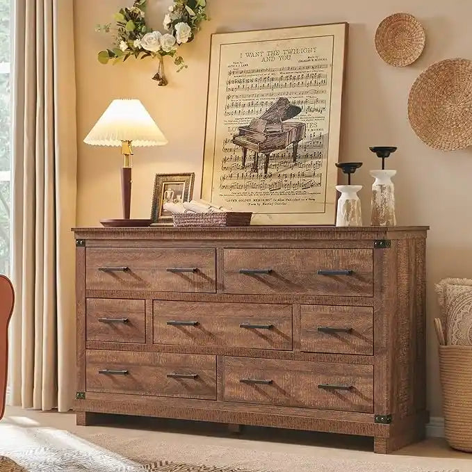 Kommode im Landhausstil mit 7 Schubladen, Holzschubladenschrank, Kleiderschrankkommode