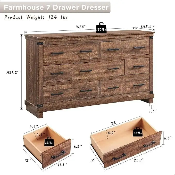 Kommode im Landhausstil mit 7 Schubladen, Holzschubladenschrank, Kleiderschrankkommode