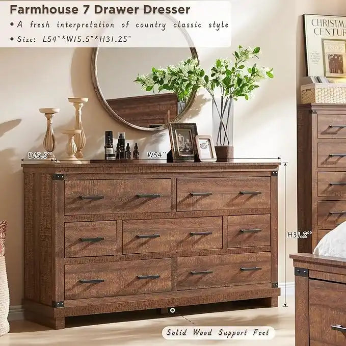 Kommode im Landhausstil mit 7 Schubladen, Holzschubladenschrank, Kleiderschrankkommode
