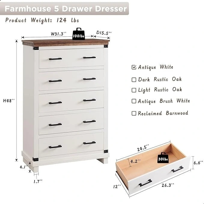 Cassettiera in stile rustico con 5 cassetti, cassettiera alta in legno, cassettiera per armadio