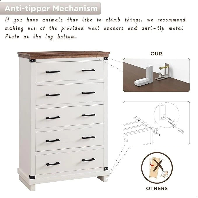 Cassettiera in stile rustico con 5 cassetti, cassettiera alta in legno, cassettiera per armadio