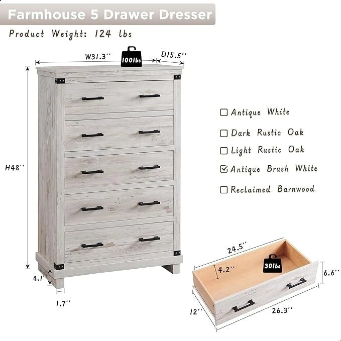 Cassettiera in stile rustico con 5 cassetti, cassettiera alta in legno, cassettiera per armadio