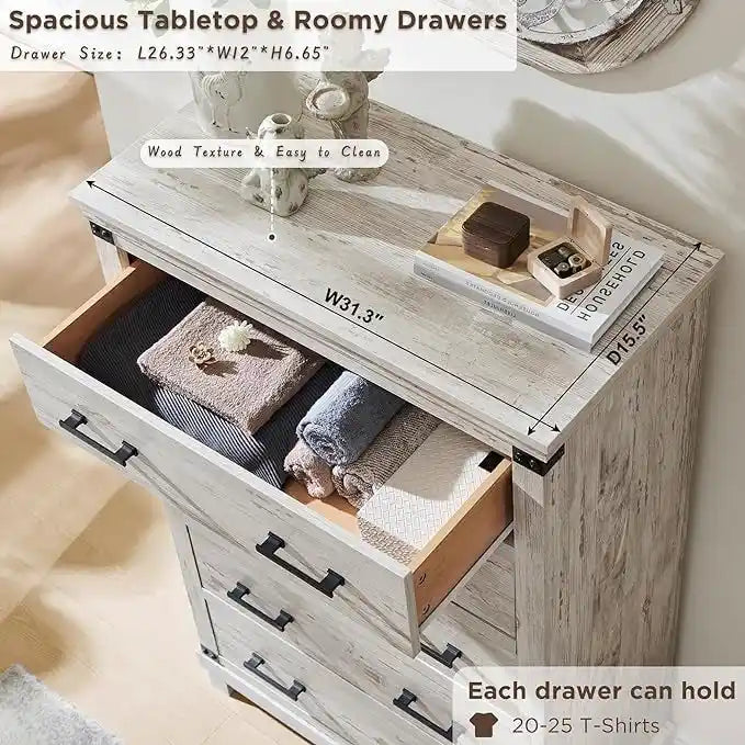 Cassettiera in stile rustico con 5 cassetti, cassettiera alta in legno, cassettiera per armadio