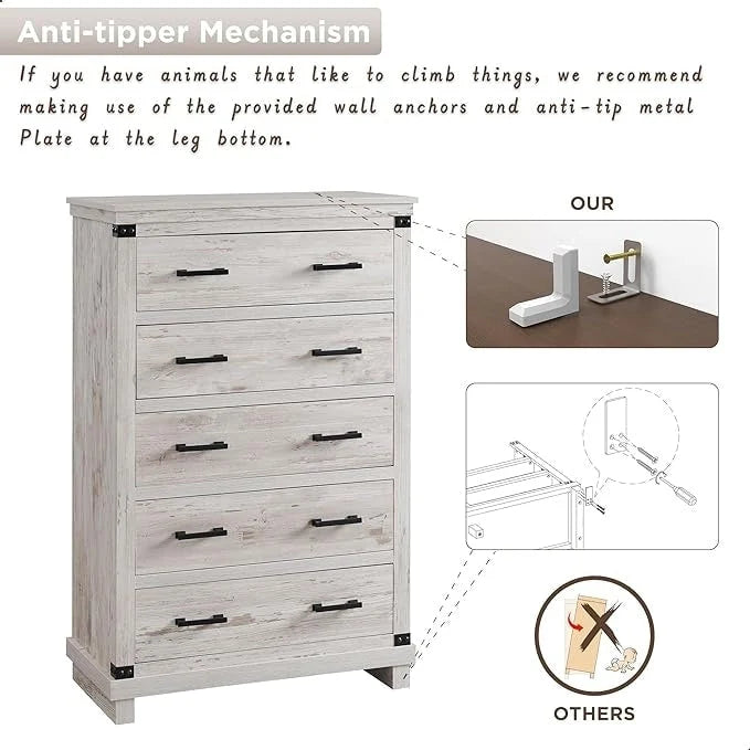 Cassettiera in stile rustico con 5 cassetti, cassettiera alta in legno, cassettiera per armadio