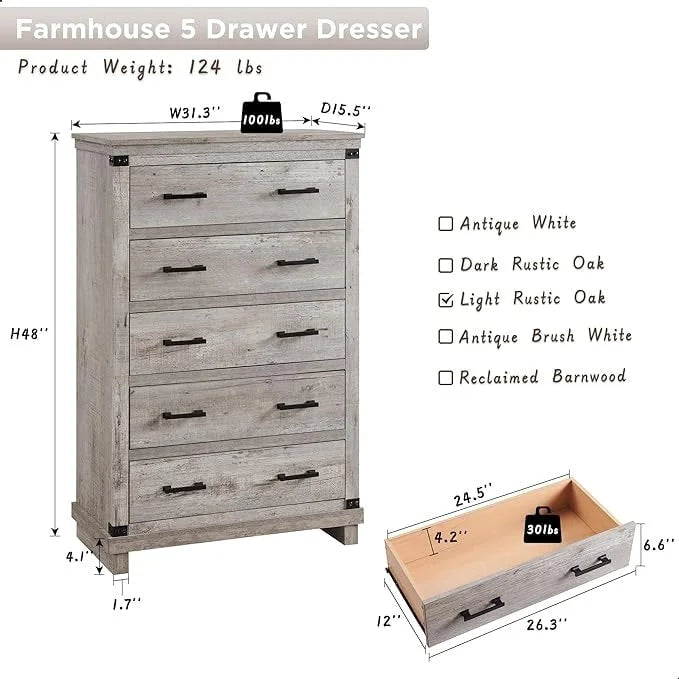 Cassettiera in stile rustico con 5 cassetti, cassettiera alta in legno, cassettiera per armadio