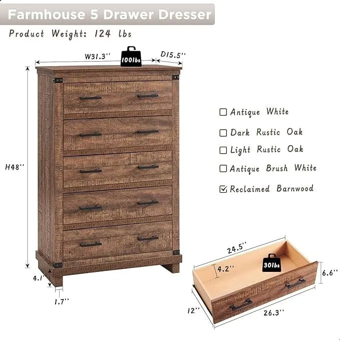 Cassettiera in stile rustico con 5 cassetti, cassettiera alta in legno, cassettiera per armadio