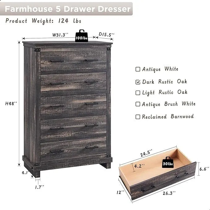 Cassettiera in stile rustico con 5 cassetti, cassettiera alta in legno, cassettiera per armadio
