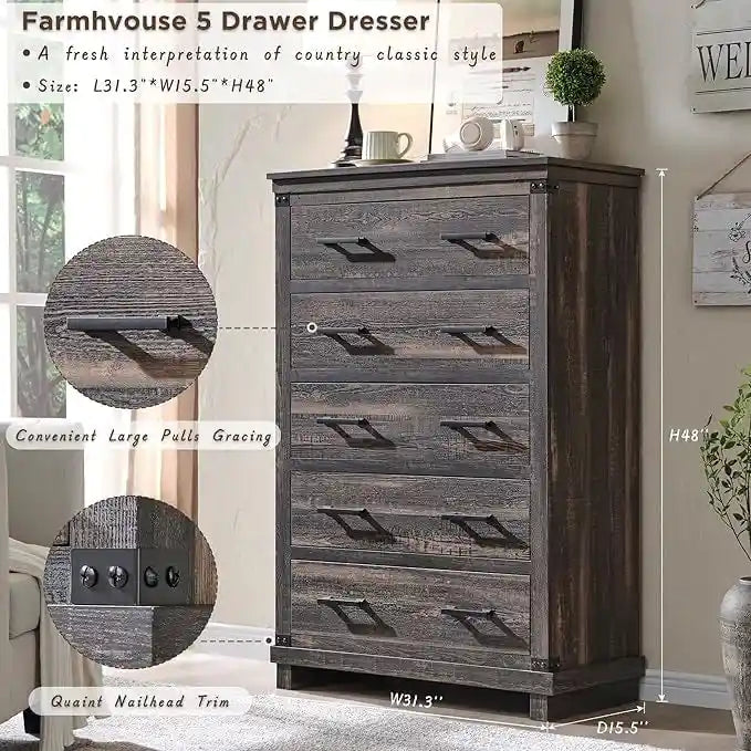 Cassettiera in stile rustico con 5 cassetti, cassettiera alta in legno, cassettiera per armadio
