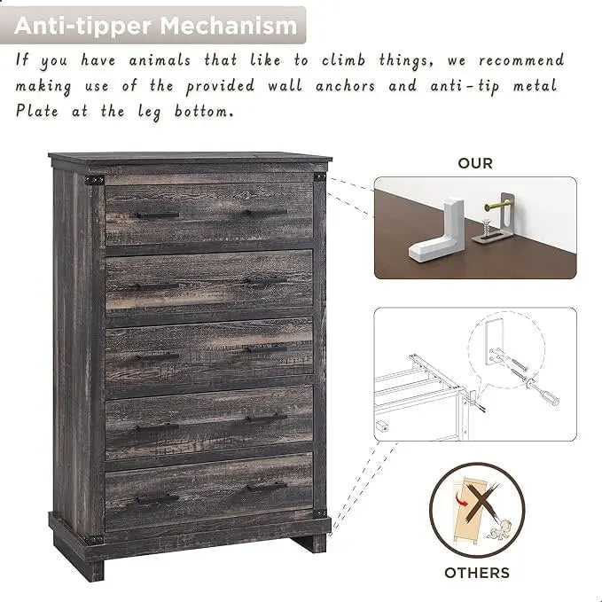 Cassettiera in stile rustico con 5 cassetti, cassettiera alta in legno, cassettiera per armadio