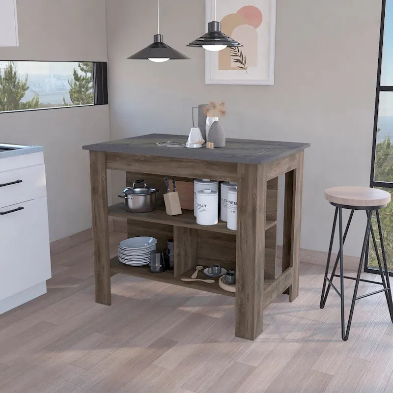 Isola da cucina in legno bianco/marrone/nero con 3 ripiani, 1 posto a sedere