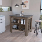 Isola da cucina in legno bianco/marrone/nero con 3 ripiani, 1 posto a sedere