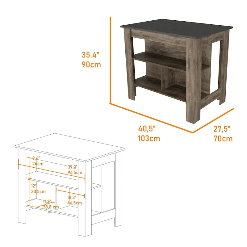 Isola da cucina in legno bianco/marrone/nero con 3 ripiani, 1 posto a sedere