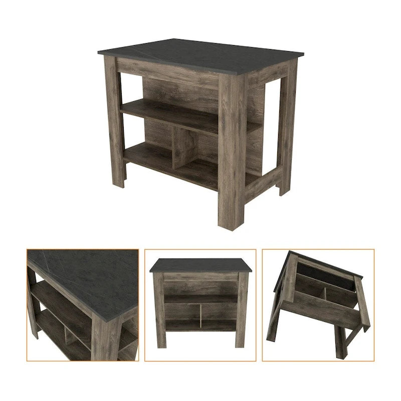 Isola da cucina in legno bianco/marrone/nero con 3 ripiani, 1 posto a sedere
