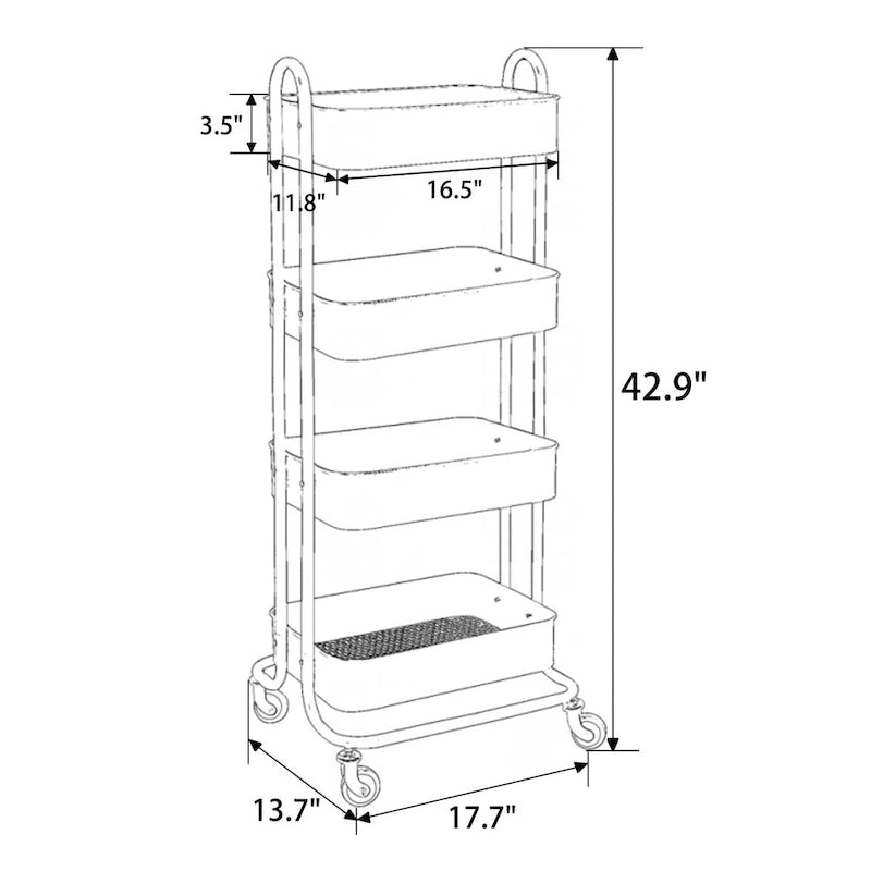 Carrello a rotelle in metallo a 4 ripiani – Bianco/Rosa/Nero/Rosso/Beige/Blu/Grigio, 1 utente