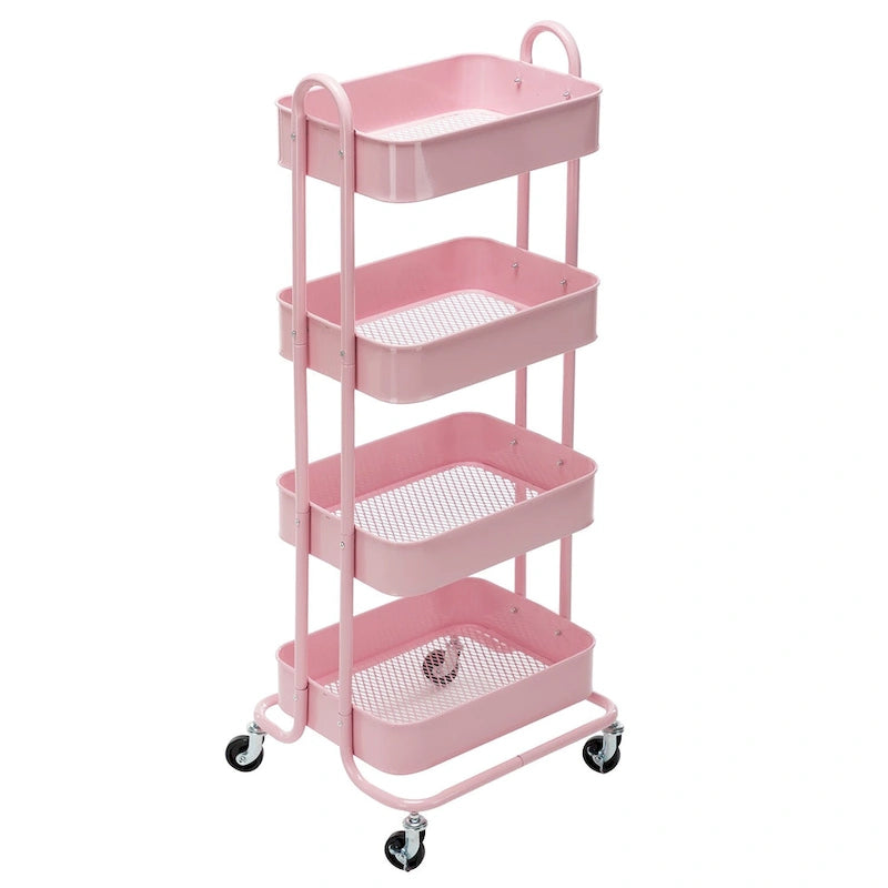 Carrello a rotelle in metallo a 4 ripiani – Bianco/Rosa/Nero/Rosso/Beige/Blu/Grigio, 1 utente