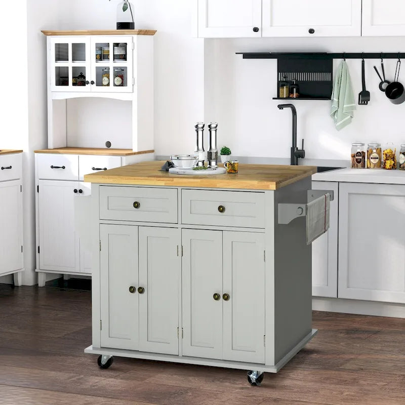 Carrello da cucina con isola su ruote in rovere marrone/grigio/bianco/nero con portapipe