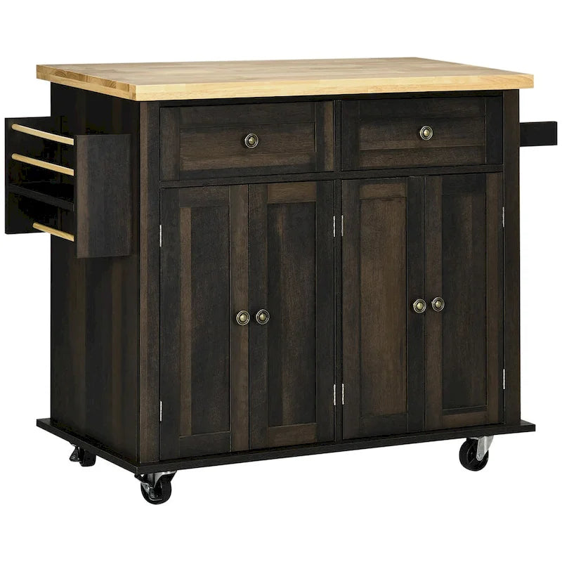 Carrello da cucina con isola su ruote in rovere marrone/grigio/bianco/nero con portapipe