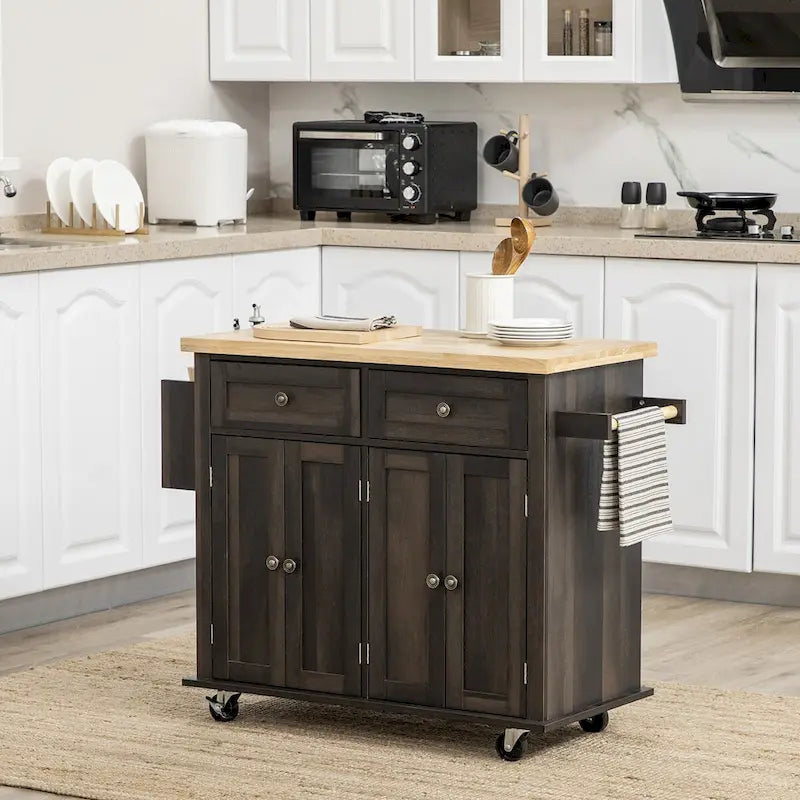 Carrello da cucina con isola su ruote in rovere marrone/grigio/bianco/nero con portapipe