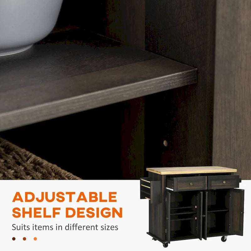 Carrello da cucina con isola su ruote in rovere marrone/grigio/bianco/nero con portapipe