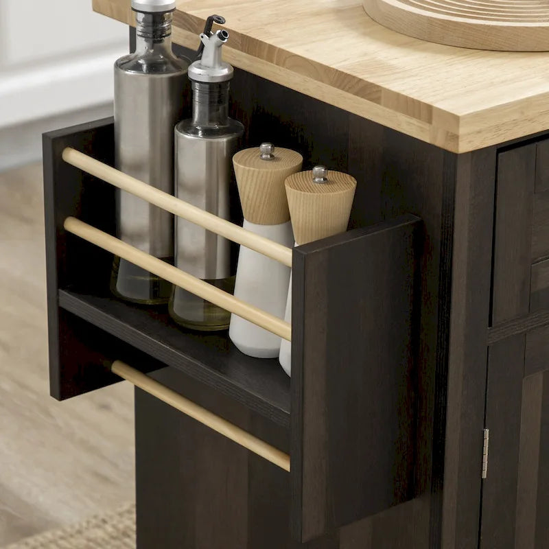 Carrello da cucina con isola su ruote in rovere marrone/grigio/bianco/nero con portapipe