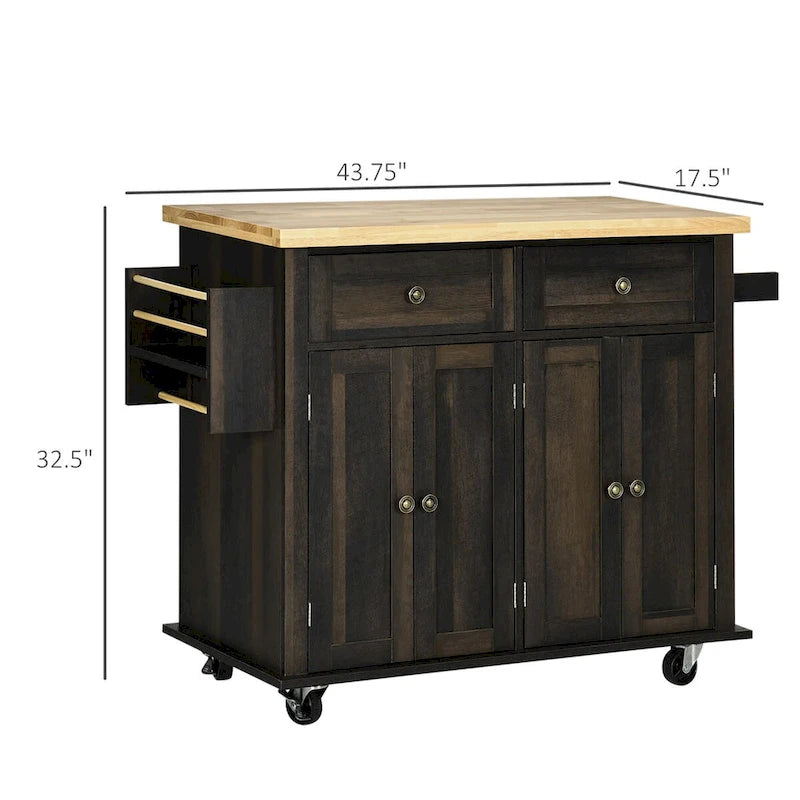 Carrello da cucina con isola su ruote in rovere marrone/grigio/bianco/nero con portapipe