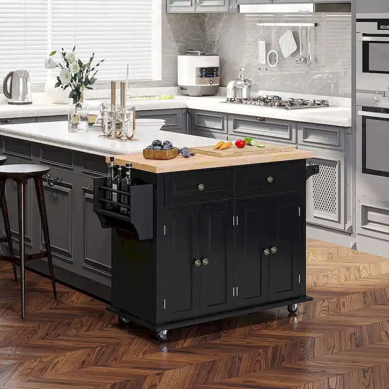 Carrello da cucina con isola su ruote in rovere marrone/grigio/bianco/nero con portapipe