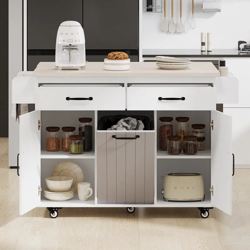 Isola da cucina su ruote Grigio / Marrone Noce / Rovere Bianco con cassetto per la spazzatura, ribalta e ruote, per 1-2 persone