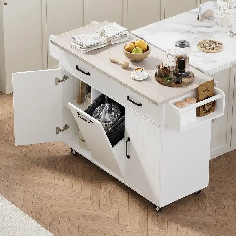 Isola da cucina su ruote Grigio / Marrone Noce / Rovere Bianco con cassetto per la spazzatura, ribalta e ruote, per 1-2 persone