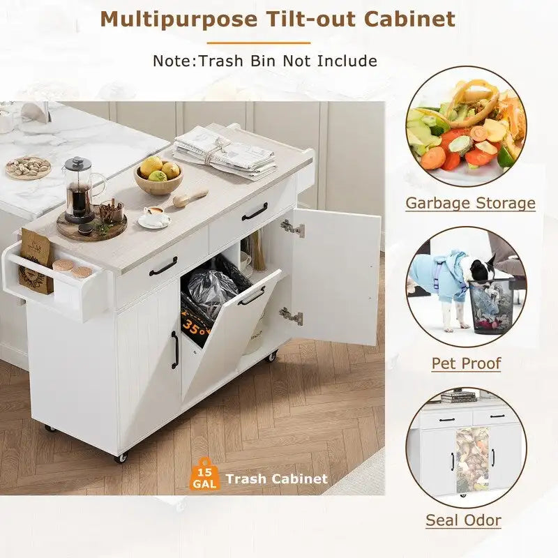 Isola da cucina su ruote Grigio / Marrone Noce / Rovere Bianco con cassetto per la spazzatura, ribalta e ruote, per 1-2 persone