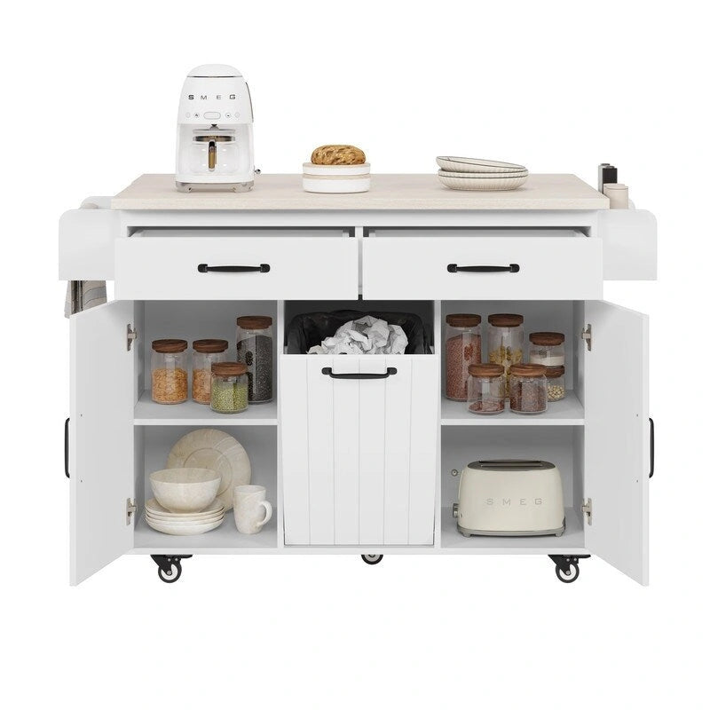 Isola da cucina su ruote Grigio / Marrone Noce / Rovere Bianco con cassetto per la spazzatura, ribalta e ruote, per 1-2 persone