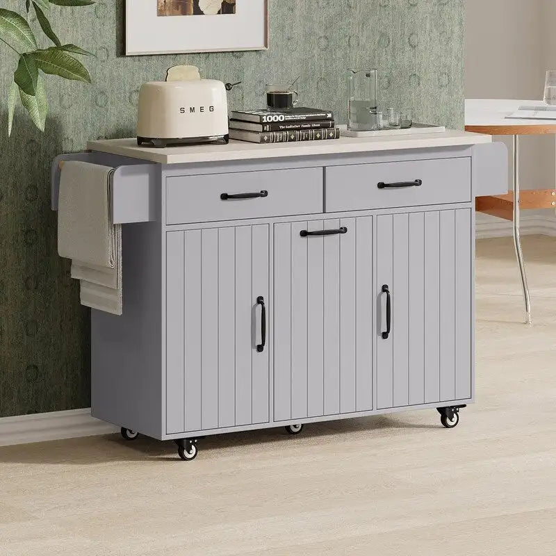 Isola da cucina su ruote Grigio / Marrone Noce / Rovere Bianco con cassetto per la spazzatura, ribalta e ruote, per 1-2 persone