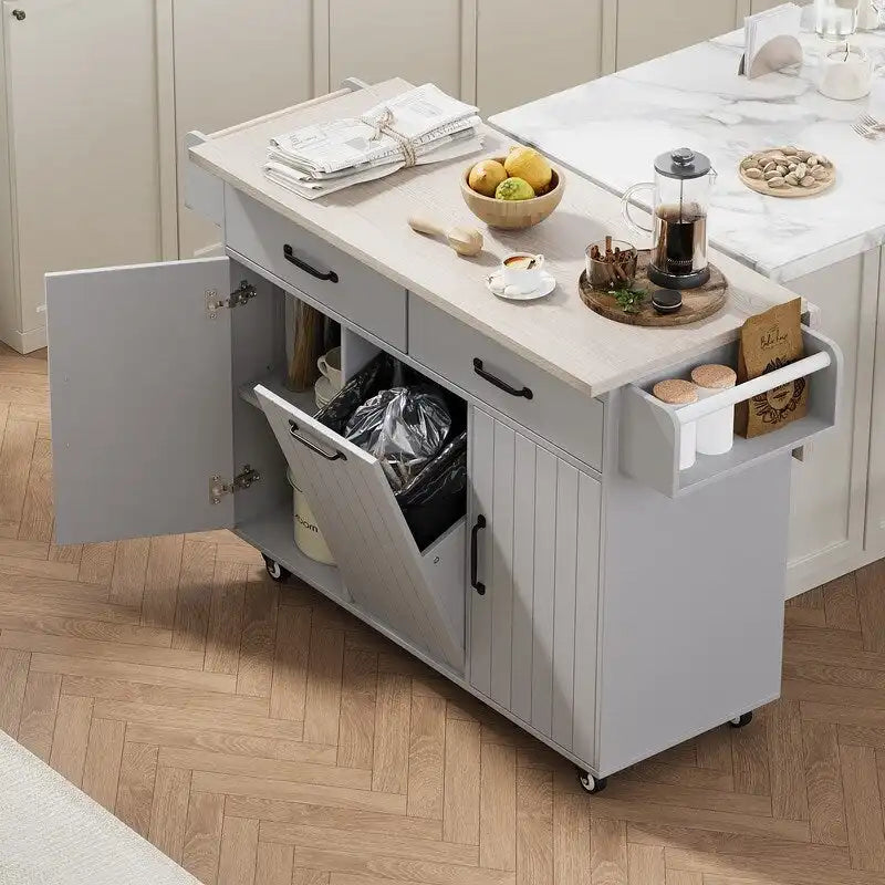 Isola da cucina su ruote Grigio / Marrone Noce / Rovere Bianco con cassetto per la spazzatura, ribalta e ruote, per 1-2 persone