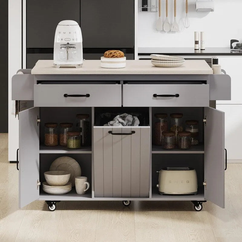 Isola da cucina su ruote Grigio / Marrone Noce / Rovere Bianco con cassetto per la spazzatura, ribalta e ruote, per 1-2 persone