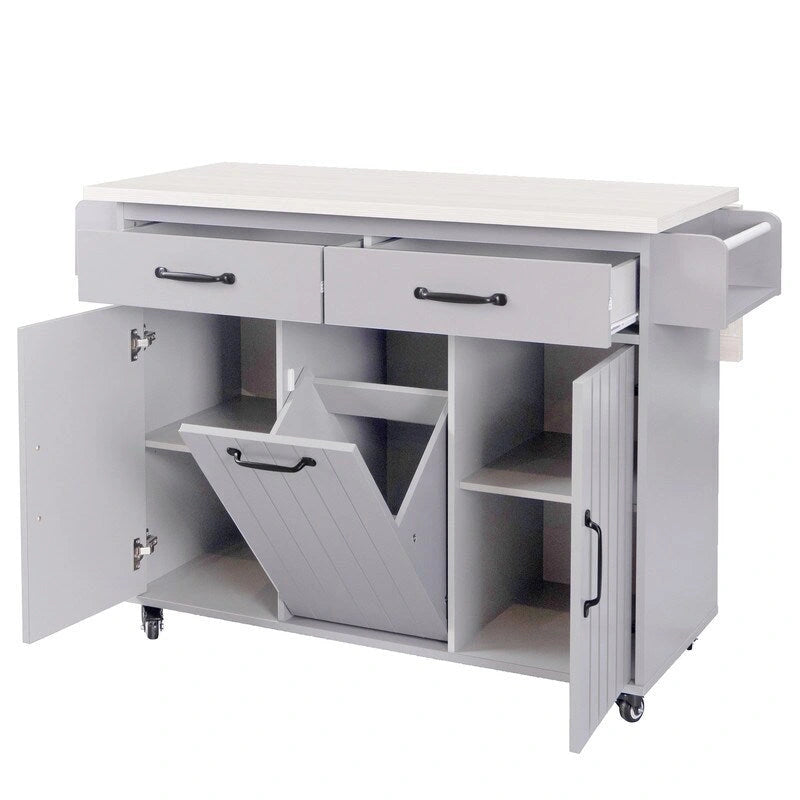 Isola da cucina su ruote Grigio / Marrone Noce / Rovere Bianco con cassetto per la spazzatura, ribalta e ruote, per 1-2 persone