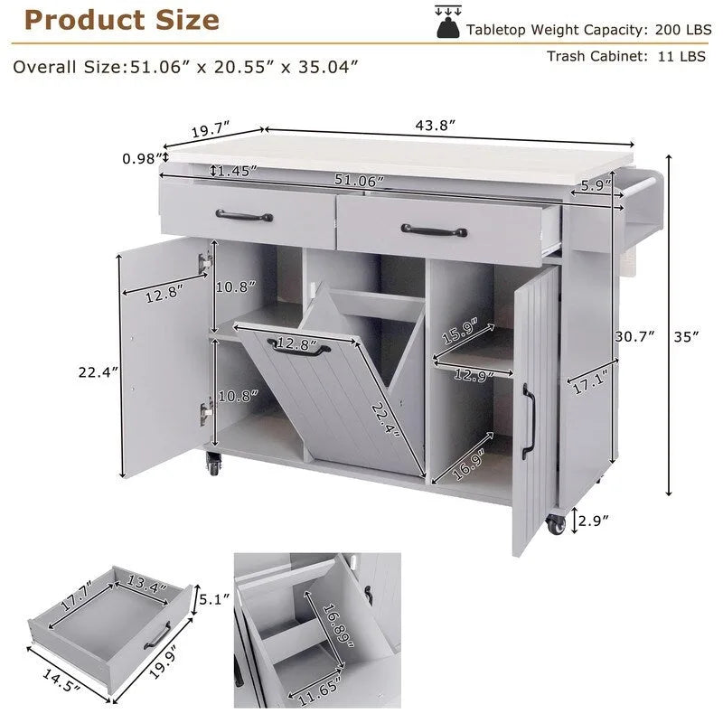 Isola da cucina su ruote Grigio / Marrone Noce / Rovere Bianco con cassetto per la spazzatura, ribalta e ruote, per 1-2 persone