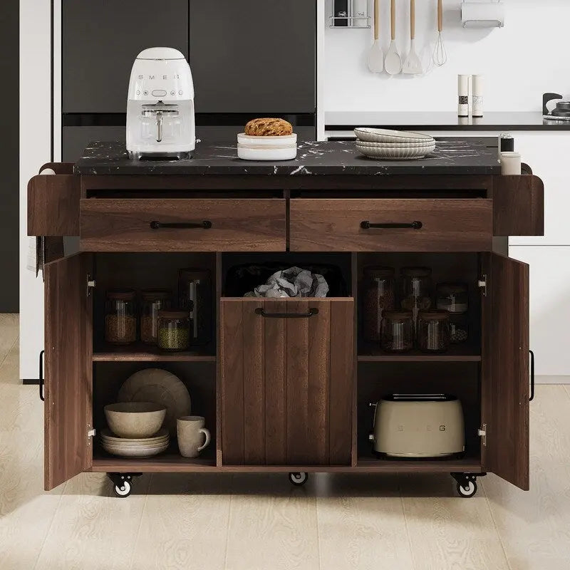 Isola da cucina su ruote Grigio / Marrone Noce / Rovere Bianco con cassetto per la spazzatura, ribalta e ruote, per 1-2 persone