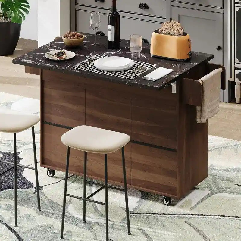 Isola da cucina su ruote Grigio / Marrone Noce / Rovere Bianco con cassetto per la spazzatura, ribalta e ruote, per 1-2 persone