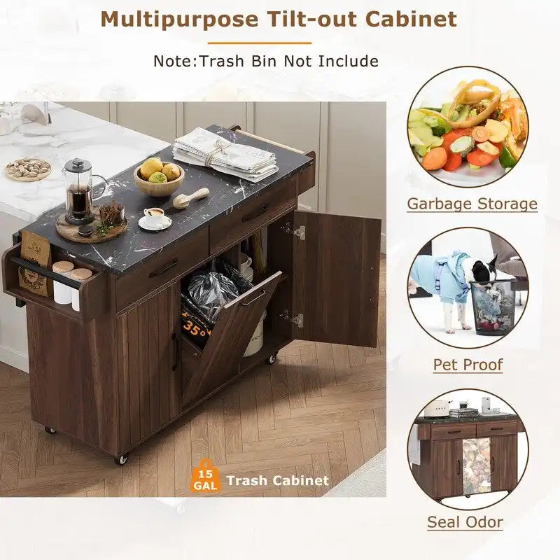 Isola da cucina su ruote Grigio / Marrone Noce / Rovere Bianco con cassetto per la spazzatura, ribalta e ruote, per 1-2 persone