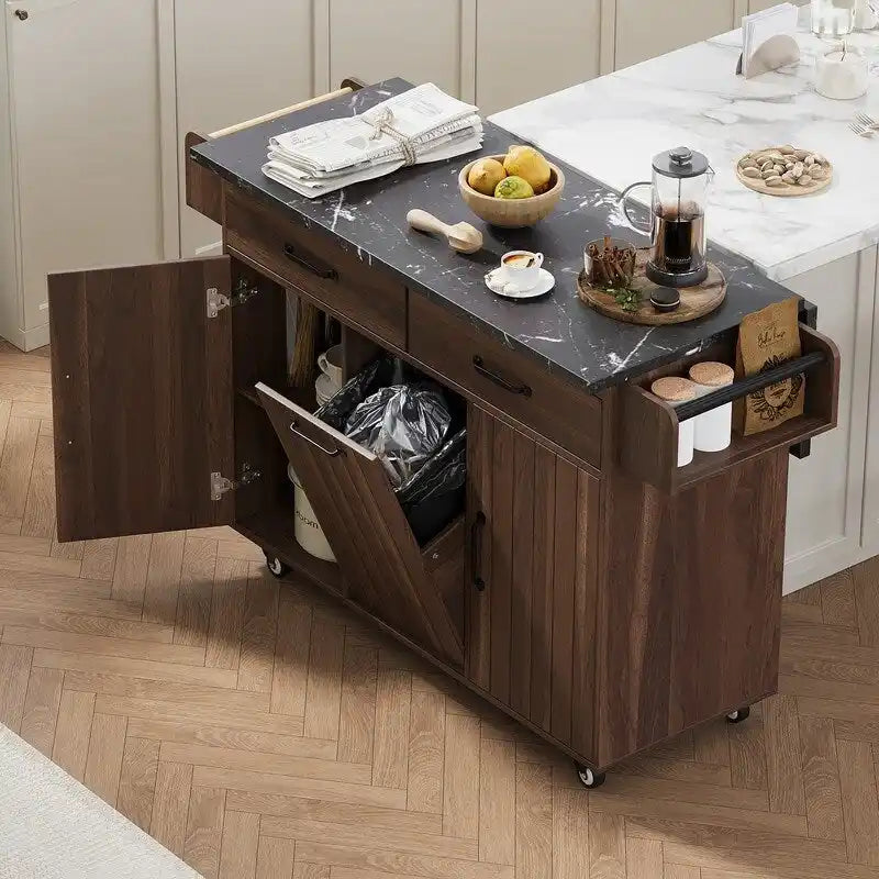 Isola da cucina su ruote Grigio / Marrone Noce / Rovere Bianco con cassetto per la spazzatura, ribalta e ruote, per 1-2 persone