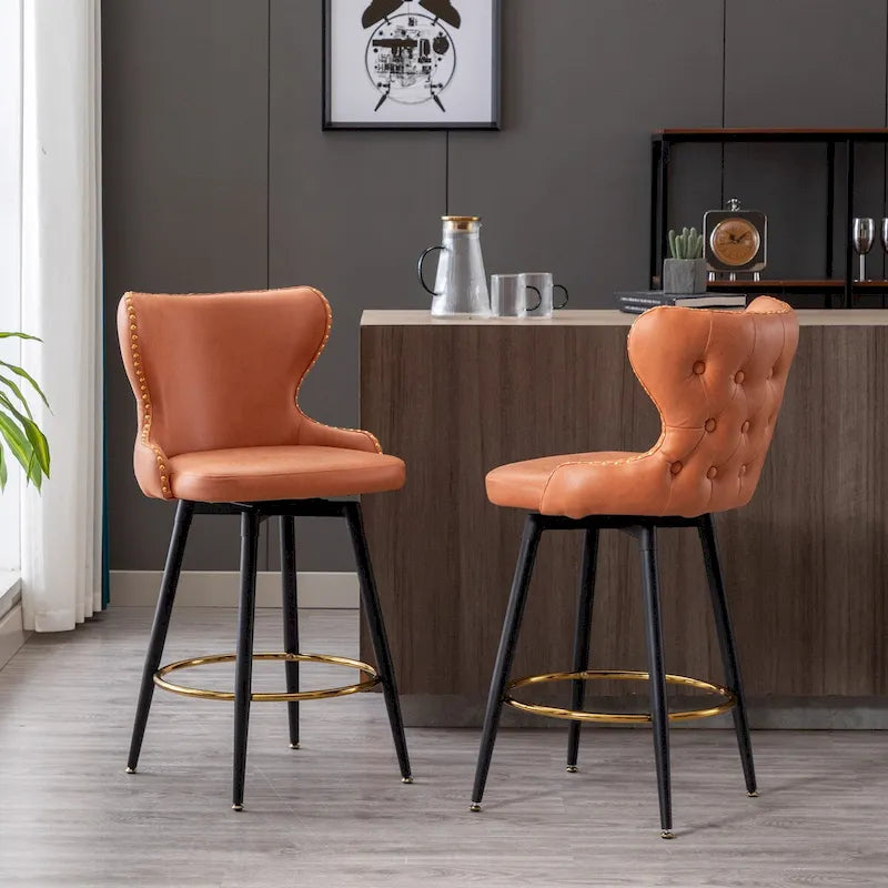 Sgabello da bar girevole arancione / grigio chiaro / grigio scuro / beige con rivestimento in Leathaire trapuntato e borchie dorate, set da 2