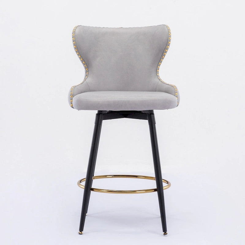 Sgabello da bar girevole arancione / grigio chiaro / grigio scuro / beige con rivestimento in Leathaire trapuntato e borchie dorate, set da 2
