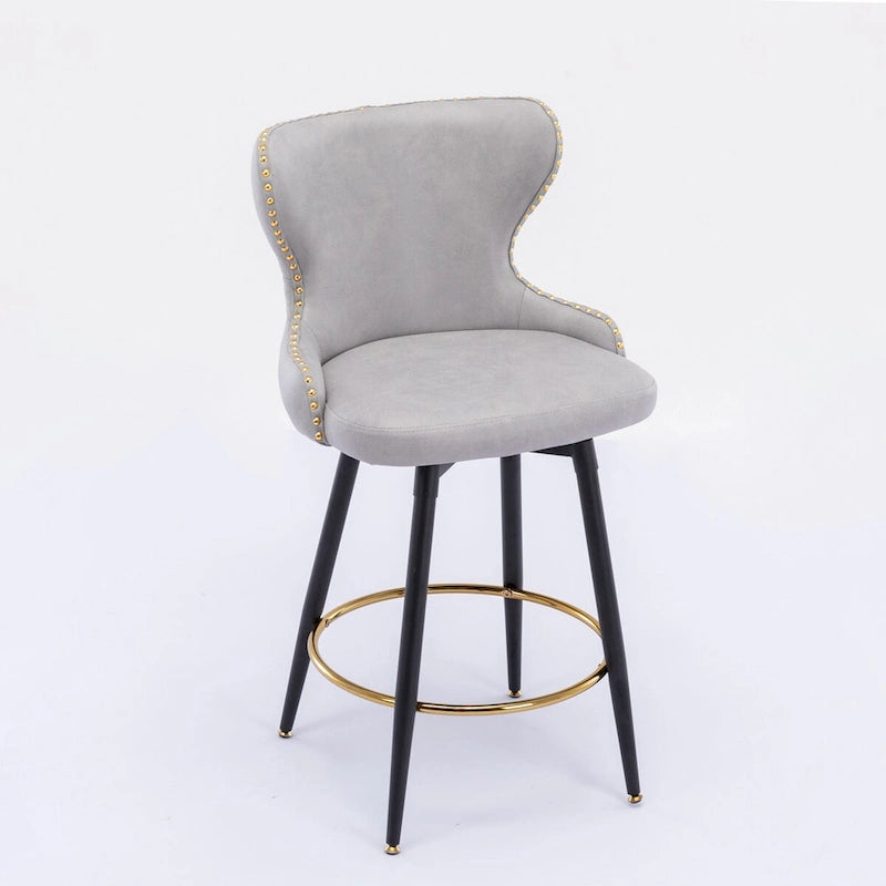 Sgabello da bar girevole arancione / grigio chiaro / grigio scuro / beige con rivestimento in Leathaire trapuntato e borchie dorate, set da 2