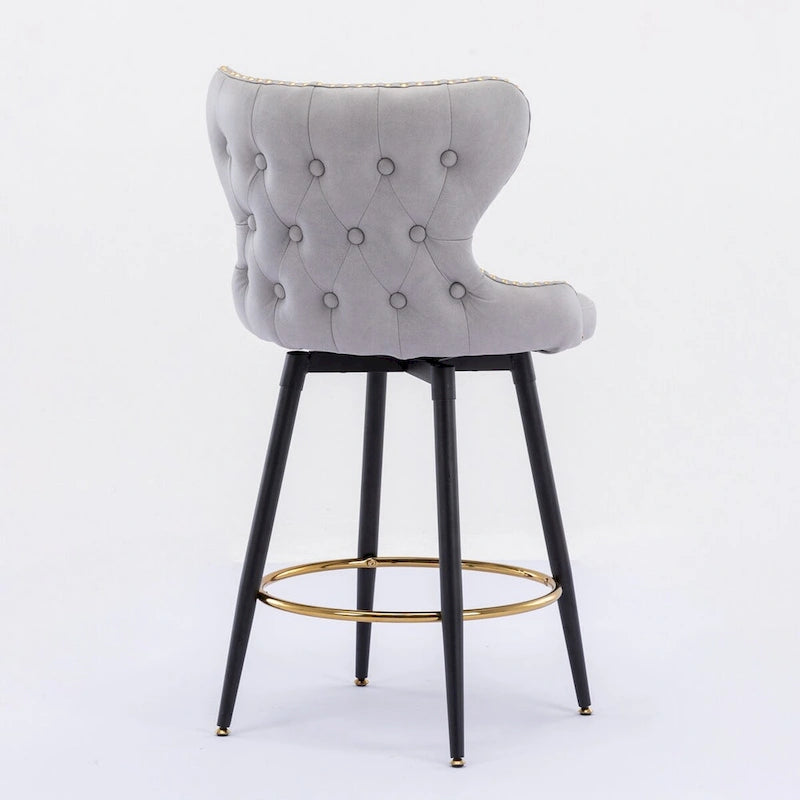 Sgabello da bar girevole arancione / grigio chiaro / grigio scuro / beige con rivestimento in Leathaire trapuntato e borchie dorate, set da 2