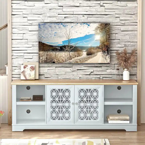 70 Inch großer rustikaler TV-Schrank mit dekorativen Blumentüren für Fernseher bis zu 80 Inch