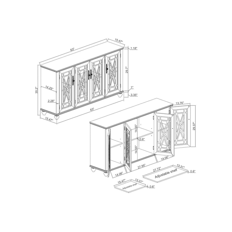 Credenza in legno in stile vintage per la cucina, mobile laterale decorativo, larga 63 pollici