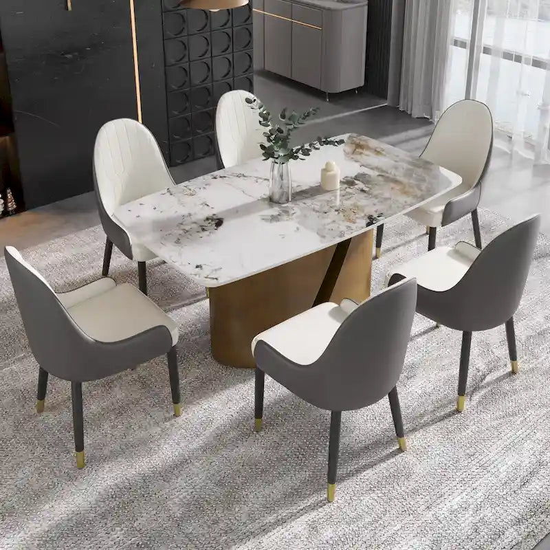 Tavolo da pranzo in pietra sinterizzata Pandora bianco e nero per 6-8 persone, gambe in metallo color oro