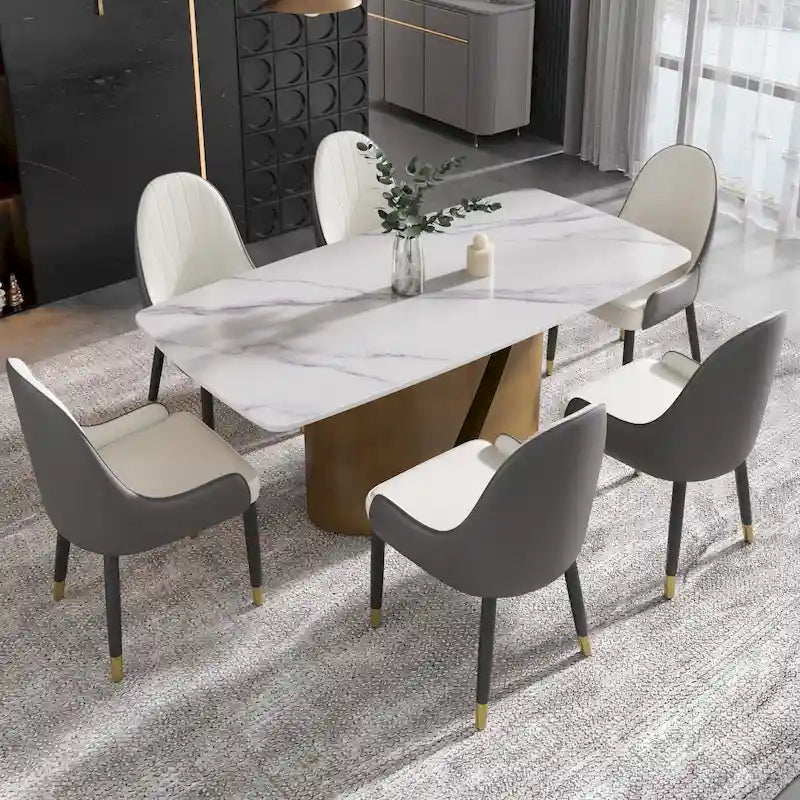 Tavolo da pranzo in pietra sinterizzata Pandora bianco e nero per 6-8 persone, gambe in metallo color oro