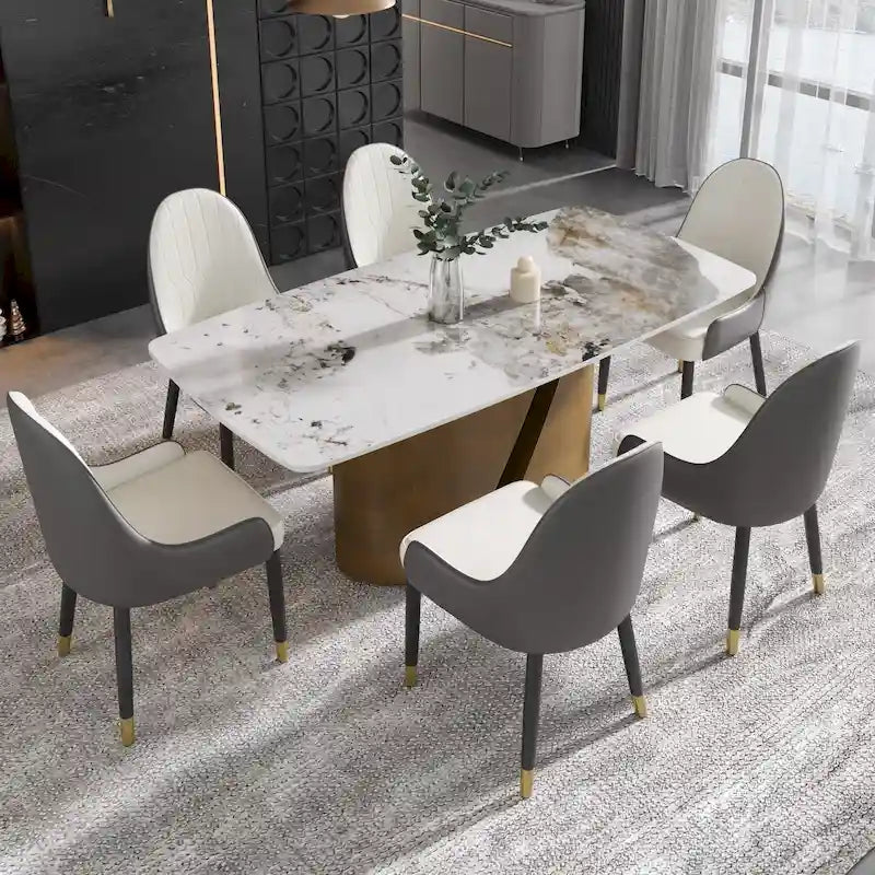 Tavolo da pranzo in pietra sinterizzata Pandora bianco e nero per 6-8 persone, gambe in metallo color oro