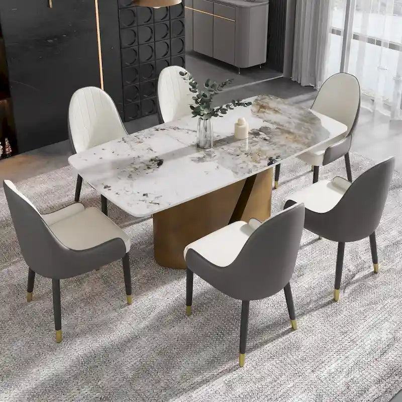 Tavolo da pranzo in pietra sinterizzata Pandora bianco e nero per 6-8 persone, gambe in metallo color oro